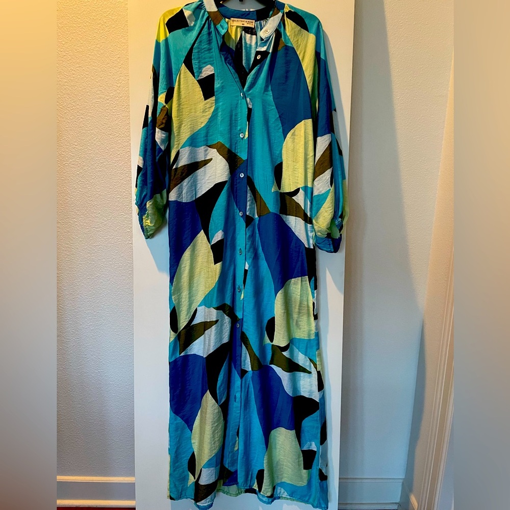 Electric & Rose Tropical Maxi Dress Button Down Long Sleeve Lightweight NWOT